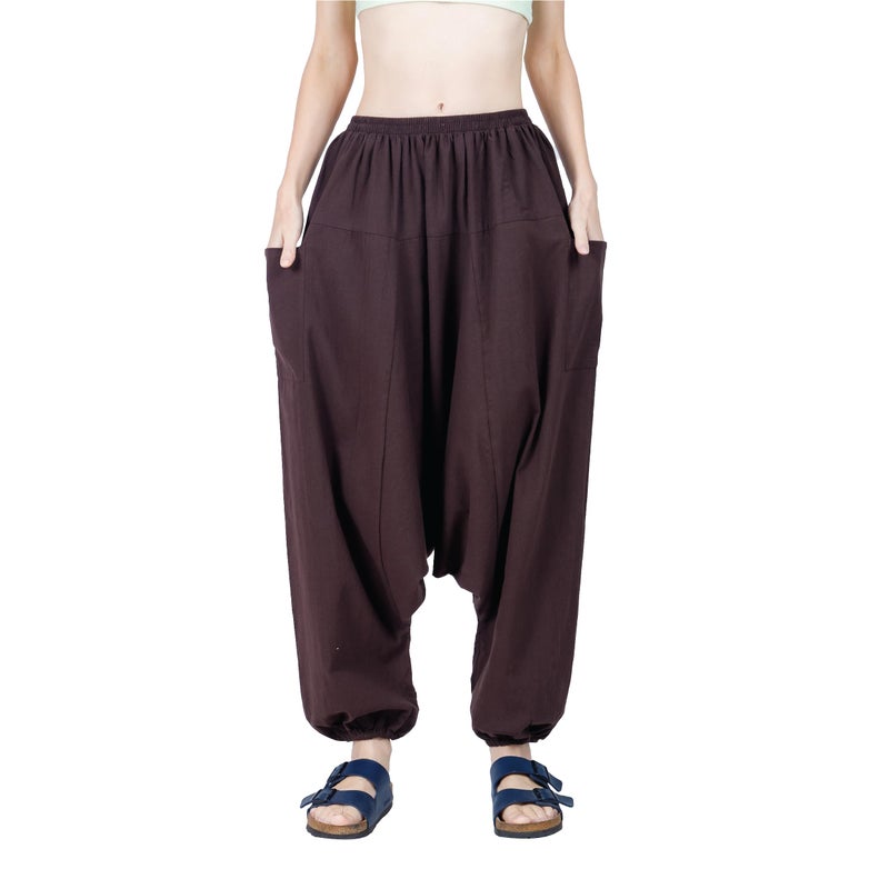 CandyHusky Women Cotton Harem Pants Casual Elastic Waist Boho Pants ComfortSoft - Dark Brown - Image 1
